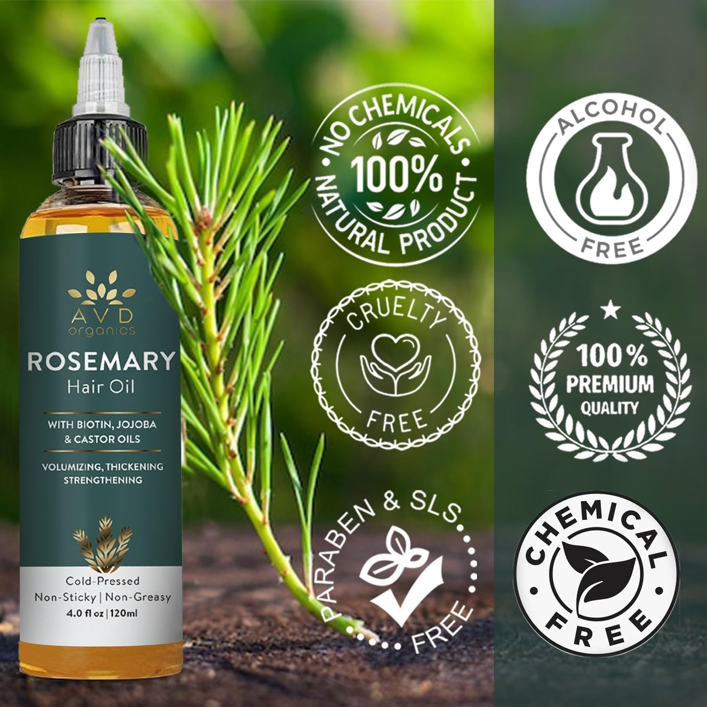 AVD ORGANICS Pure Rosemary Oil for Hair Growth (4.05 fl oz) Infused with Biotin Jojoba & castor Oil | Hair strengthening Treatment | Nourishing & Volumizing– Strengthening, | Non-GMO verified