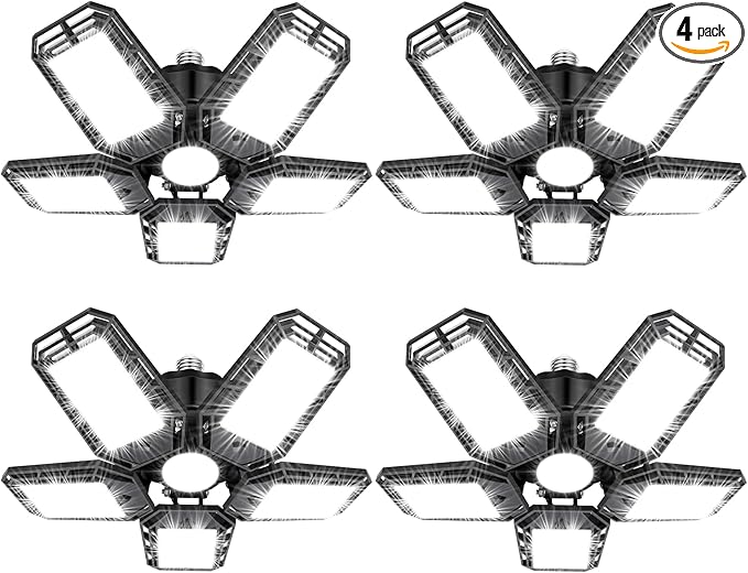 Luyata LED Garage Lights 4 Pack,Ceiling LED Shop Light 160W 16000LM 6500K Screw in Led Light with 5+1 Deformable Panels, B...