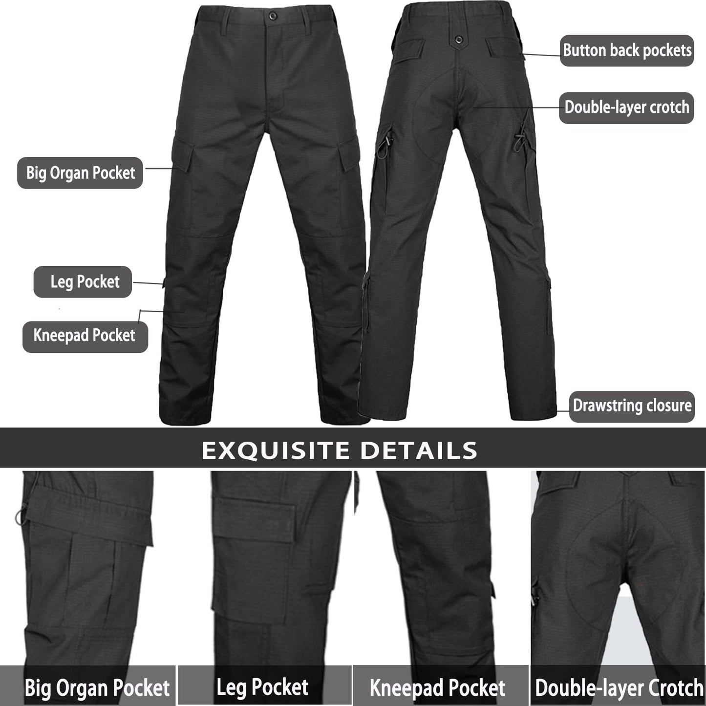 YKS JOOB Men's Tactical Combat Jacket and Pant Set Ripstop Military Uniform Outdoor Hunting Paintball Airsoft Casual Clothes Black S
