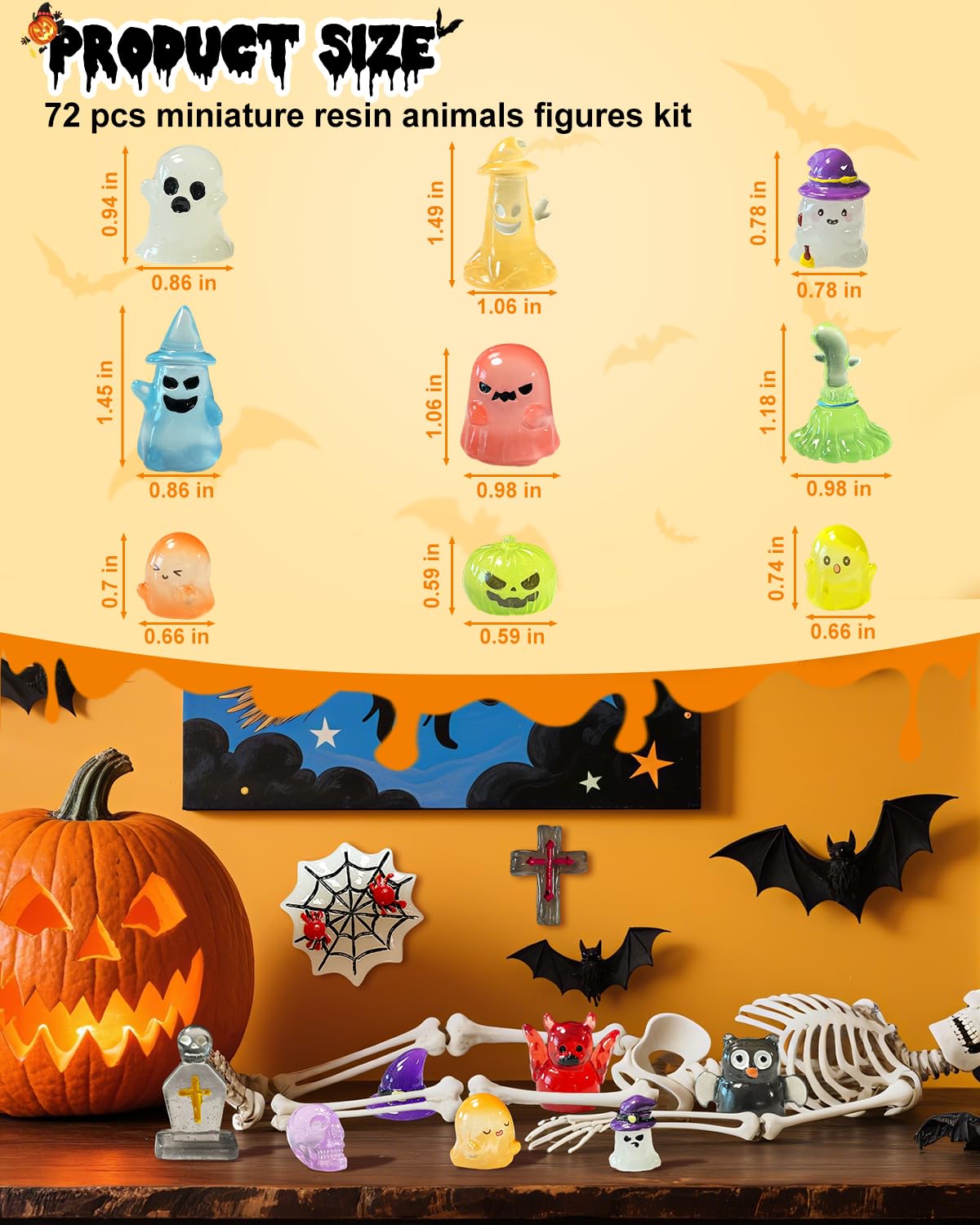 Piemow 72 Pcs Halloween Mini Resin Animals Figures Kit - Luminous Tiny Resin Figurines Accessories, Glow in The Dark Miniature Ghost Figurines for Halloween Party, Micro Landscape, Tabletop Decor