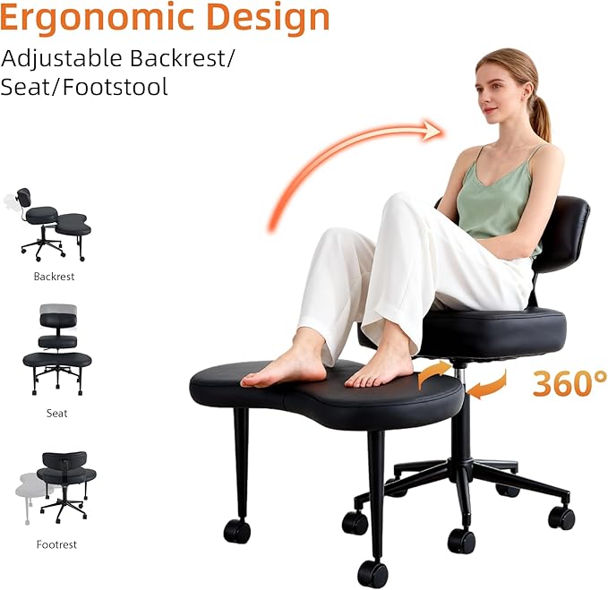 DUMOS Ergonomic ADHD Cross Legged Office Desk Chair with Adjustable Backrest, Height Adjustbale Meditation Chair with 360° Swivel Footstool, PU Leather Yoga Stool for Home Office, Black