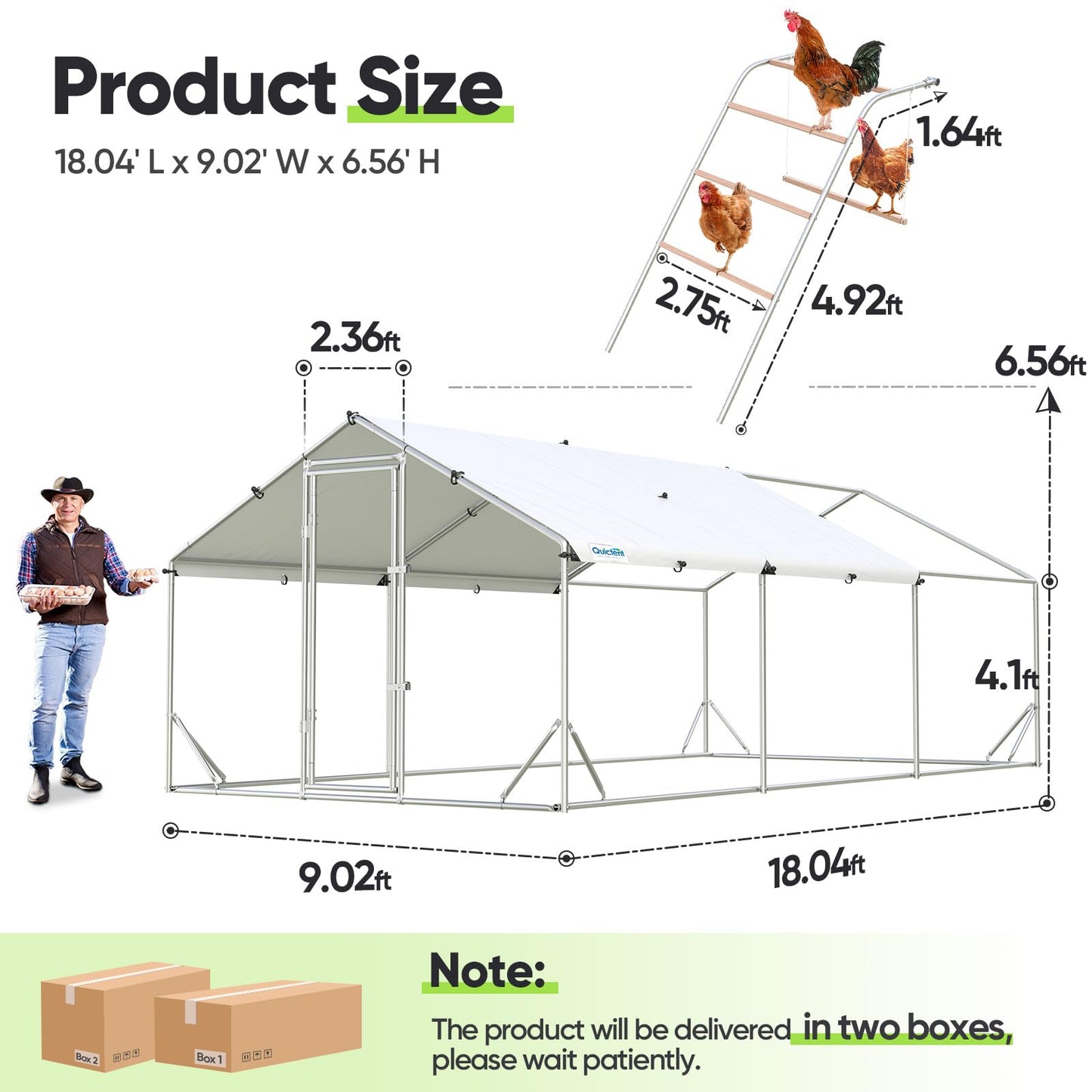 Quictent Large Metal Chicken Coop Run for 30+ Poultry with Metallic Perch, Side Hardware Cloth & Cover, Advanced Series Outdoor Walk-in Cage Hen Duck Rabbit Dog Pen Yard Farm House, 18x9x6.6FT