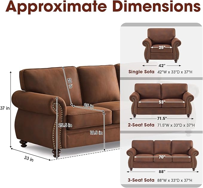 Couchus Living Room Furniture Sets,Sofa Sets and Couch Sets for Living Room,Mid-Century Vintage Sofa Couches with Rivet Design (Caramel, Single+Loveseat)