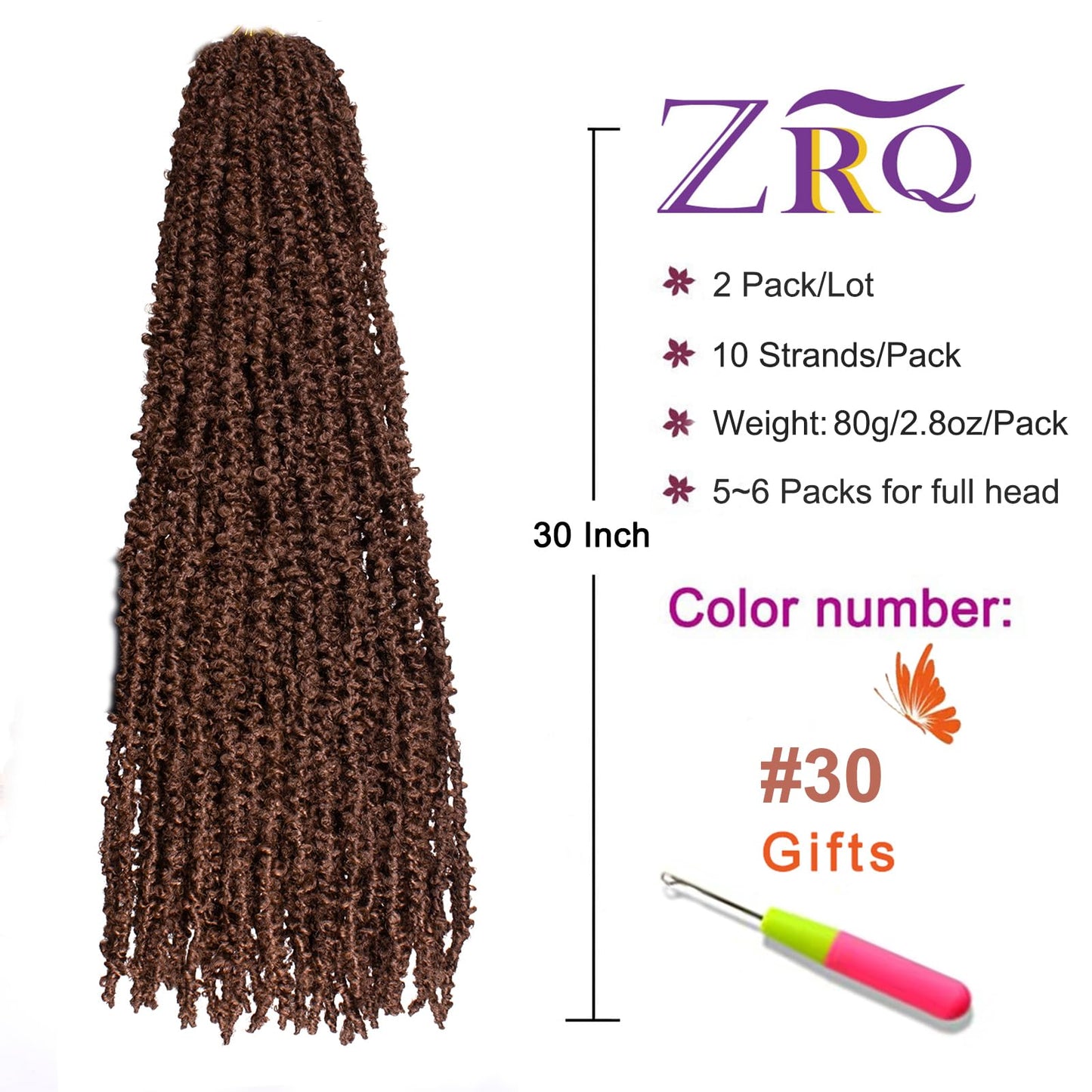 ZRQ Butterfly Locs Crochet Hair 2 Packs 30 Inch Long Crochet Hair Pre Looped Brown Butterfly Locs Crochet Braids Hair Extension