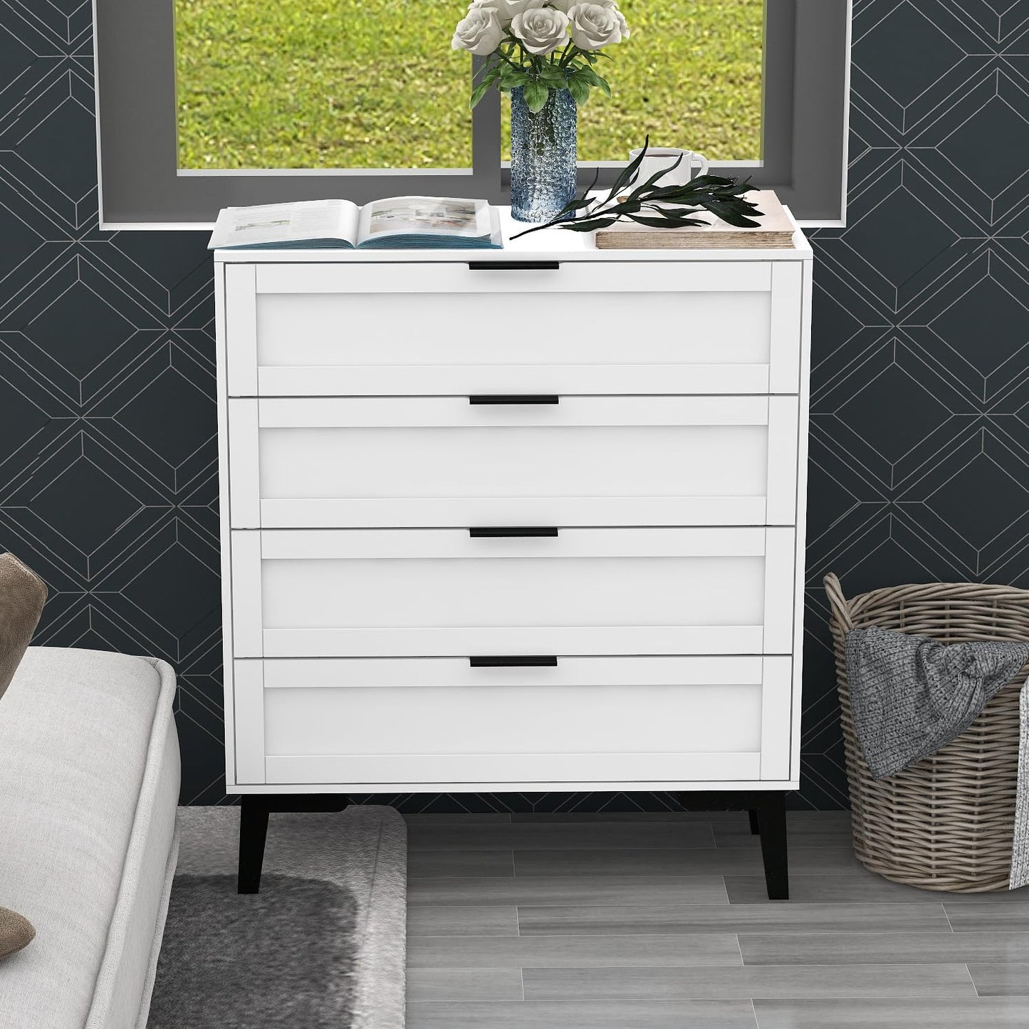 TaoHFE White 4 Drawer Dresser for Bedroom,Wood Lingerie Chest of Drawers for Bedroom,Modern 36inch Tall White Dresser for Bedroom Living Room, Entryway, Cloakroom