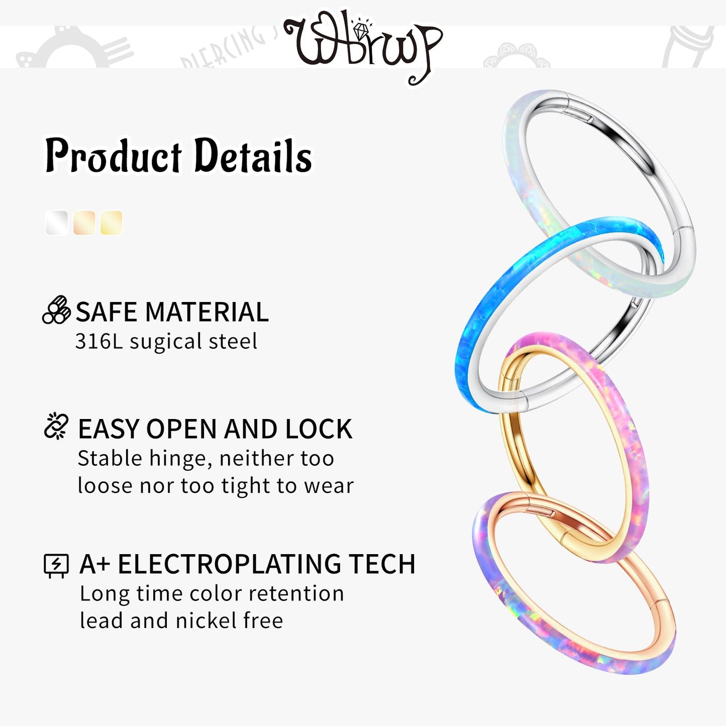 WBRWP 316L Stainless-Steel Piercing-Ring Hinged Nose-Rings-Hoop with White Opal 16G(1.2mm) Segment Clicker Lip Rings Daith Earri
