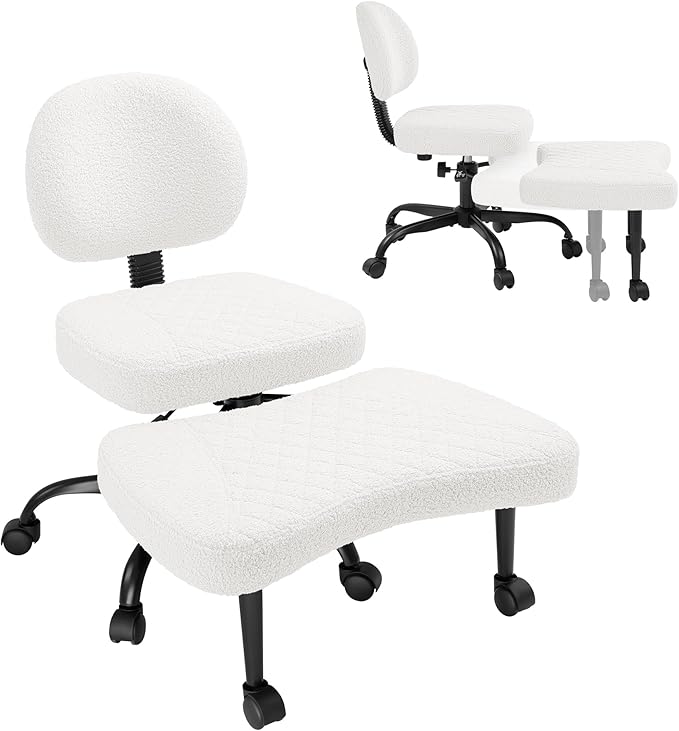 GUNJI Ergonomic Criss Cross Legged Office Chair, 360° Swivel Meditation Kneeling Chair with Wheels, ADHD Chair with Footrest, Lumbar Support, Wider Height Adjustable Seat (Teddy Fleece, White)