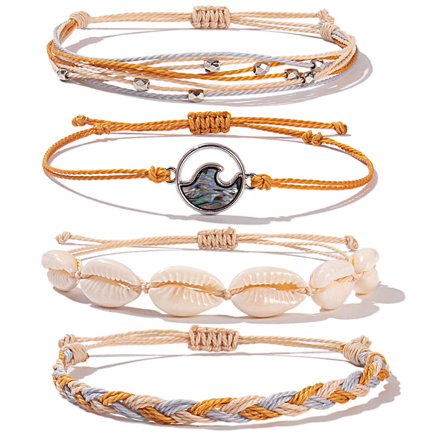 FANCY SHINY Wave String Bracelets Braid Puka Shell Bead Bracelets Handmade Cute Trendy Abalone Boho Jewelry Gifts for Women(Dark