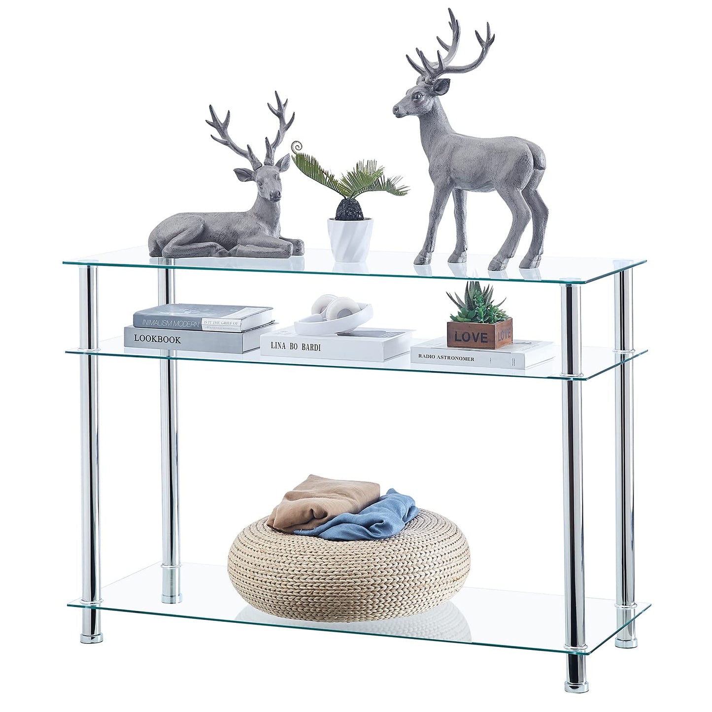 paonne Silver Glass Console Table for Entryway, Modern and Comtemporary 3 Tiers Glass Couch Table with Chrome Legs Living Room Hallway & Foyer Table