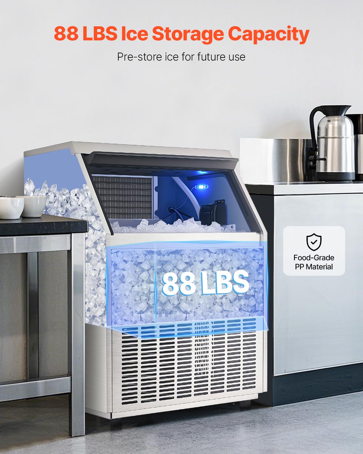 Vevor 265Lbs/24H Commercial Ice Maker Machine With Drain Pump, 88Lbs Storage Capacity Ice Maker, 126 Ice Cubes In 15 Minutes, Le