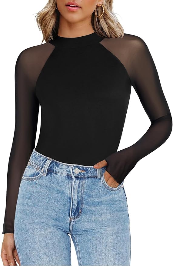 Zeagoo Long Sleeve Shirts for Women Floral Mesh Sheer Top Mock Neck Double Lined Fitted Going Out Blouses