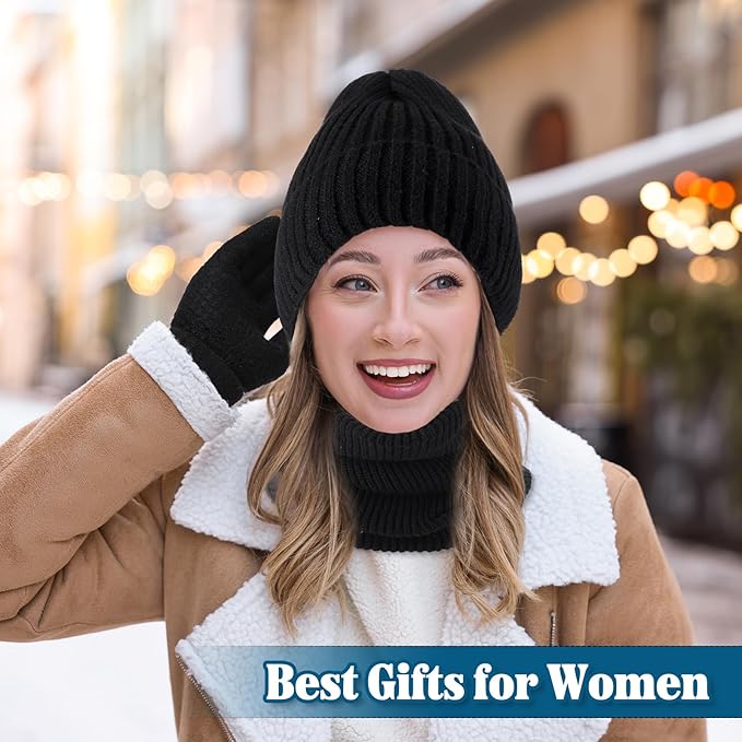 SATINIOR 5 Pcs Winter Beanie Hat Scarf Gloves Set Fleece Lined Knit Hat Warm Touch Screen Gloves Earmuff Warmer for Women(Black,Fashion Style)