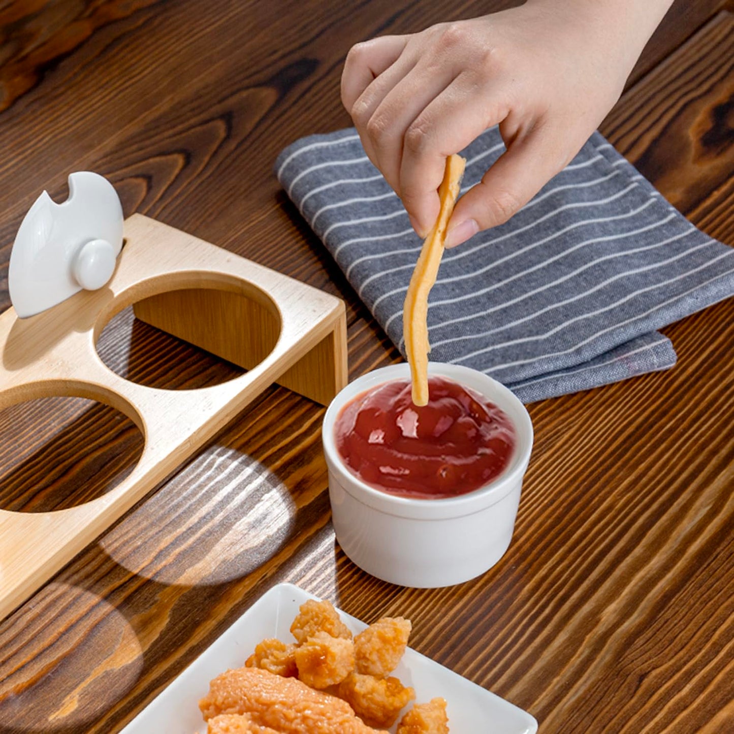 MyGift 10 Piece Condiment Pot Serving Set Includes Premium Solid Bamboo Wood Raised Display Server Tray and 3 Ceramic Ramekin Dip Bowls with Lids and Spoons