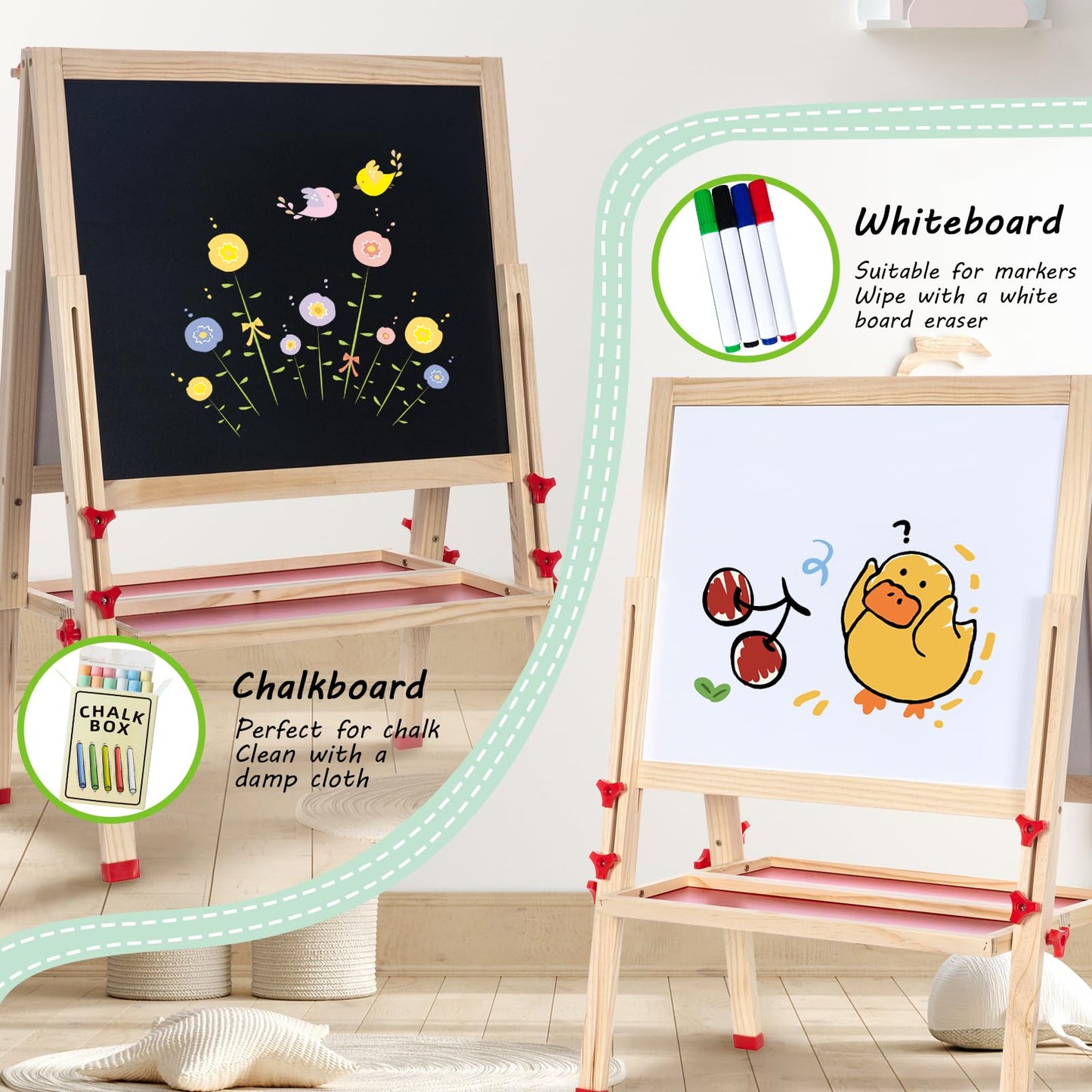 Foldable Kids Painting Easel Double Sided Chalkboard & Magnetic Whiteboard Wooden Art Easel Adjustable Height with Accessories Gift for Toddlers and Kids Ages 3-8