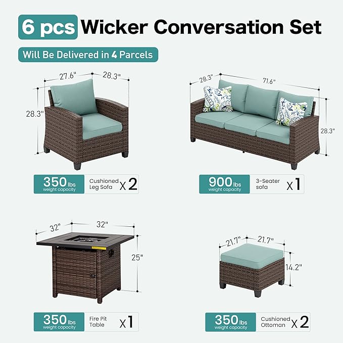 SUNSHINE VALLEY Patio Furniture Set Outdoor Furniture Brown Wicker Rattan Patio Conversation Sets with Cushion Outside Sofa Set,5 Pieces with Firepit Table,7 Seats,Blue