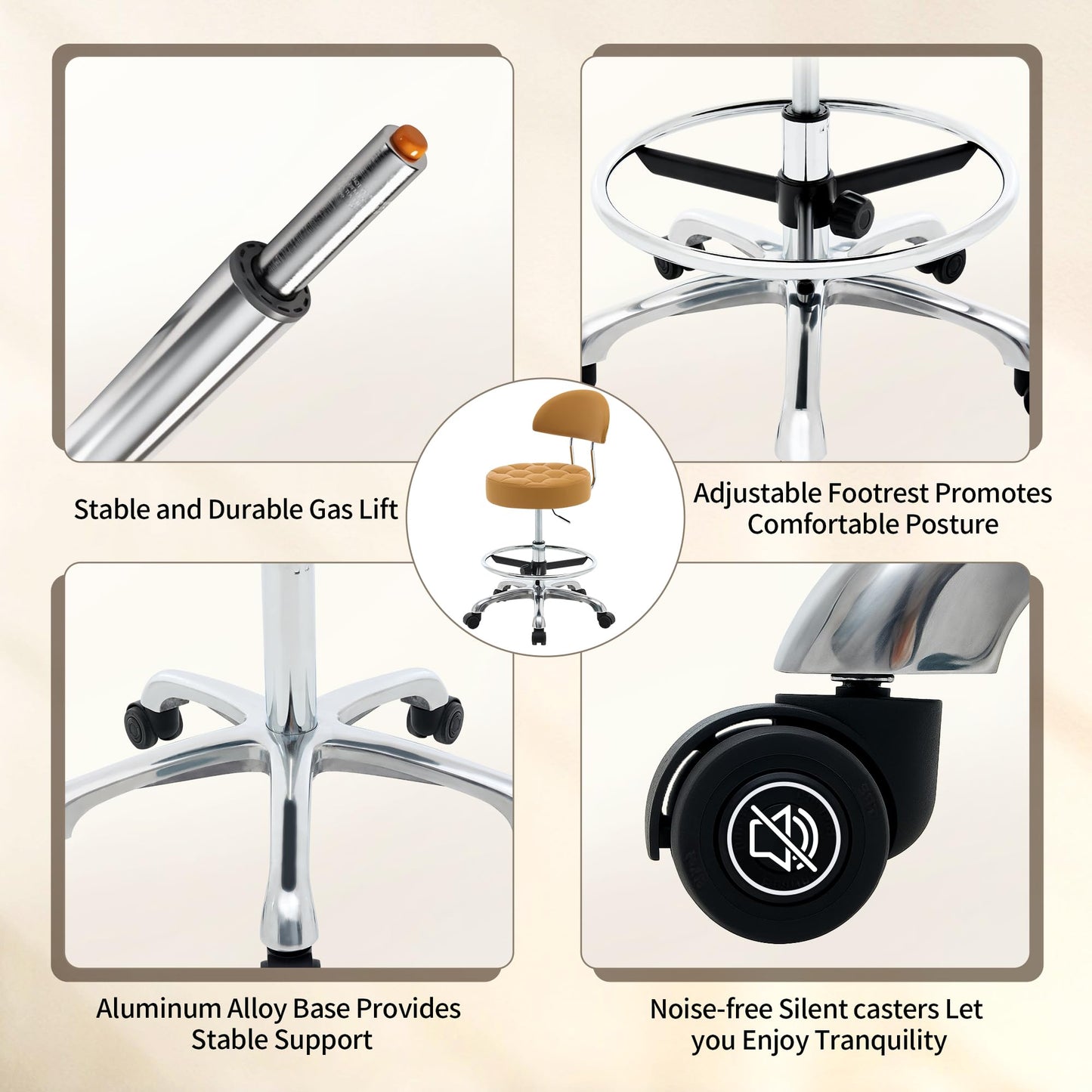 FIRAVOE Rolling Chair (Adjustable Height 20-27 inch) (Stool with Quiet Wheels and Foot Rest) Multifunctional Nail Salon and Spa Stools (Camarel Brown)