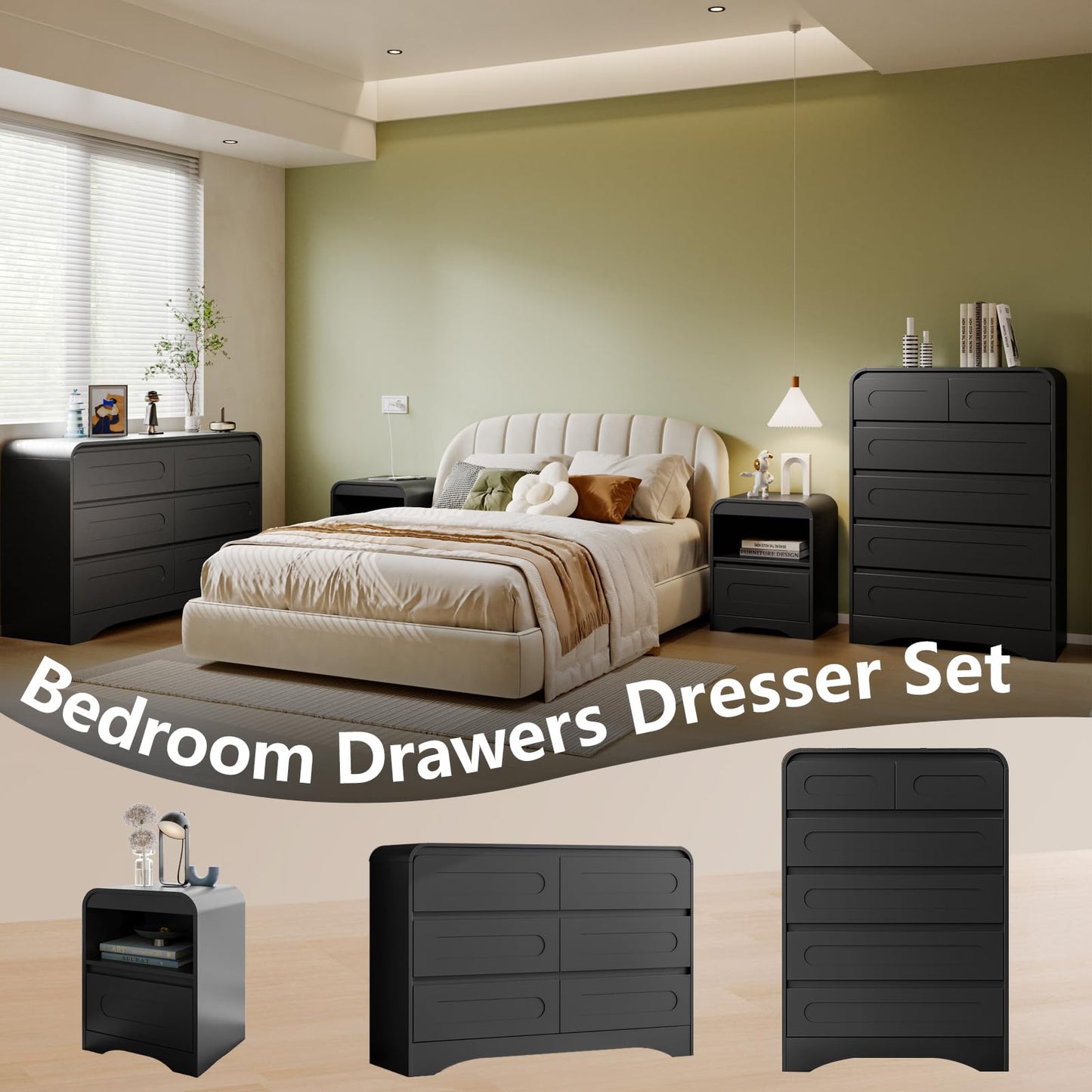 Black Dresser, 47" Wide 6 Drawers Dressers & Chest of Drawers with Pre-installed Slide&Curved Profile Design, Wood Closet Clothes Storage Dressers Organizer for Bedroom Living Room Hallway