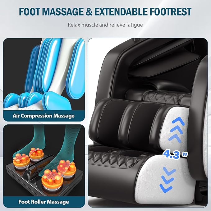 Massage Chair Full Body Zero Gravity, Massage Recliner with Air Pressure, 10 Fixed Massage Rollers, Heating, Foot Roller, Bluetooth Speaker, for Home Office Men Women (Black)