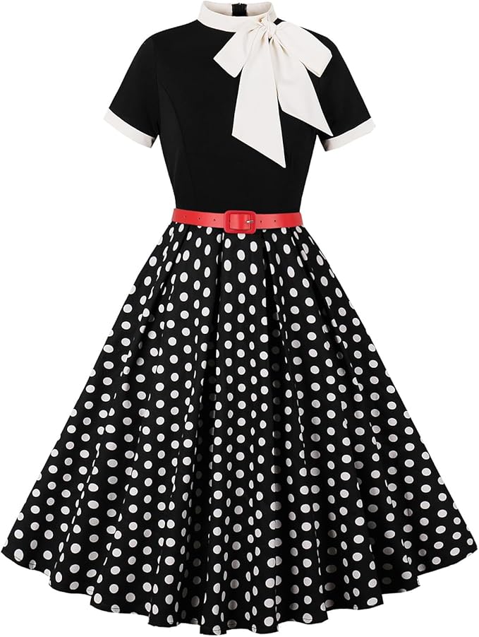 50s Style Dresses for Women Vintage Short Sleeve Tie Neck Swing Dress Midi Prom Dress with Belt