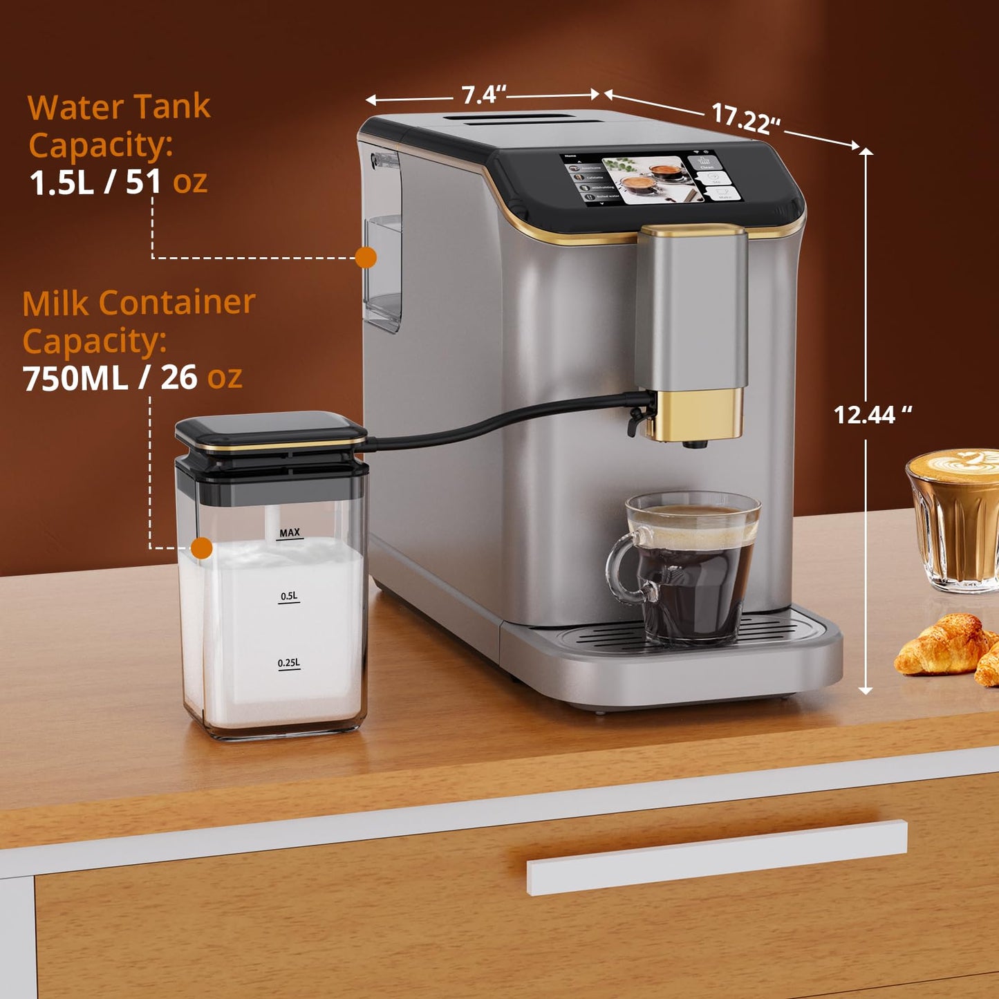 Garveehome Fully Automatic Espresso Coffee Machine with Milk Frother, 20 Bar Pressure, 15 Adjustable Grind Levels, 8 in-1 Coffee Maker with TFT Touchscreen, Removable Water Tank Cappuccino Latte Maker