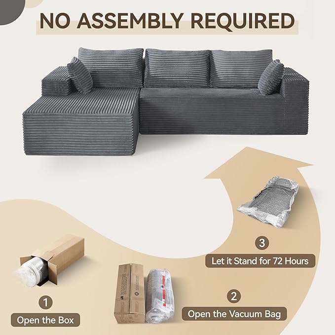 UMBFUN 110" Cloud Sectional Couch for Living Room, Boneless Couch with L-Shape Chaise, Modular Sectional Sofa with Deep Seat, Oversized Modular Sofa for Bedroom, No Assembly Required, Corduroy