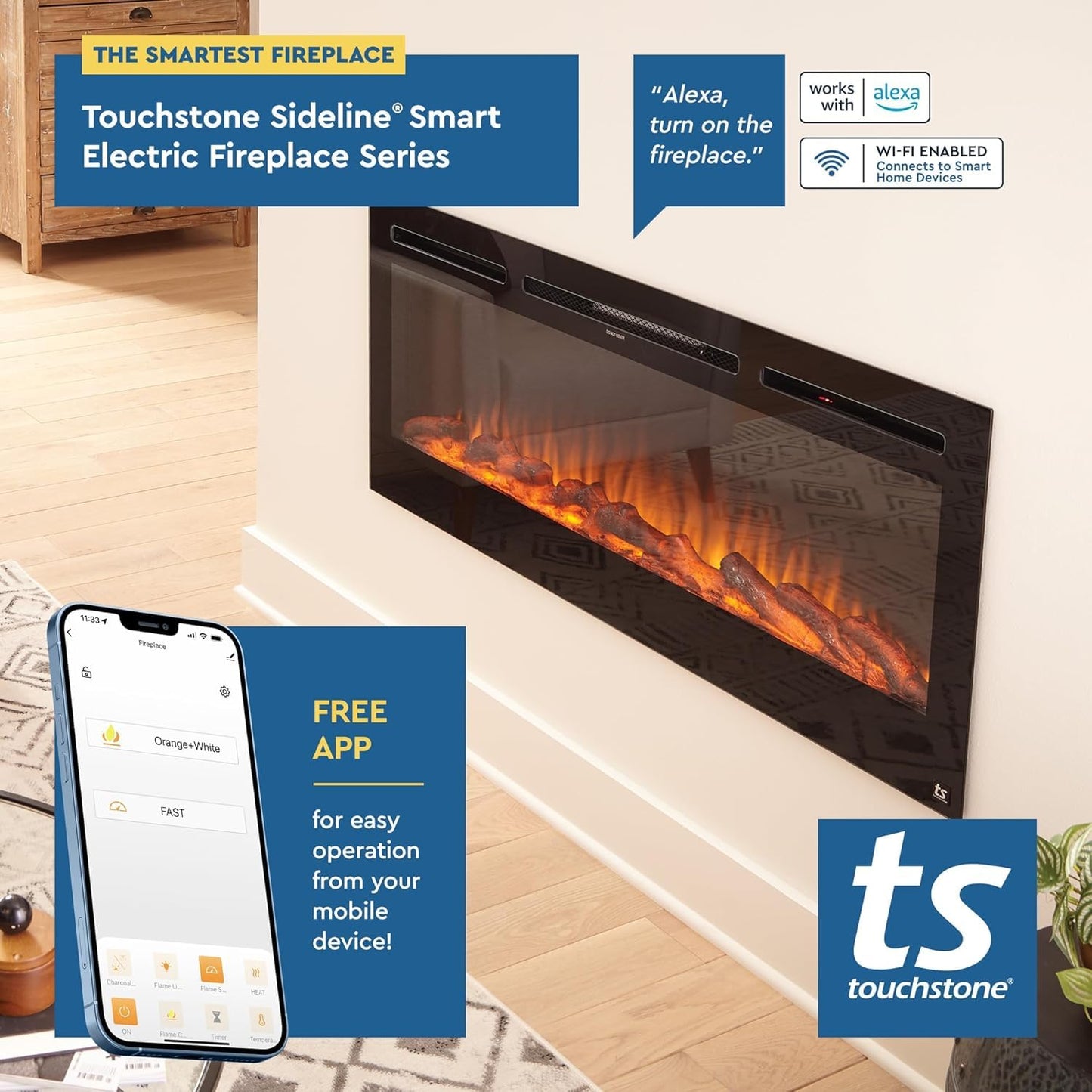 Touchstone Smart Electric Fireplace-The Sideline 60" Wide-in Wall Recessed - 30 Realistic Ember Color/Flame Options - 1,500W Heater w/Thermostat - Log & Crystal Hearth Options - Alexa/WiFi Enabled
