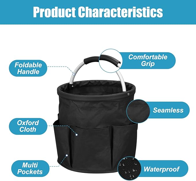 Wearable Cleaning Caddy，Cleaning Supplies Organizer Foldable Basket Bucket Tool with Handle Cleaning Bag for Cleaning Professionals, Auto Detailers, Housekeepers (black)