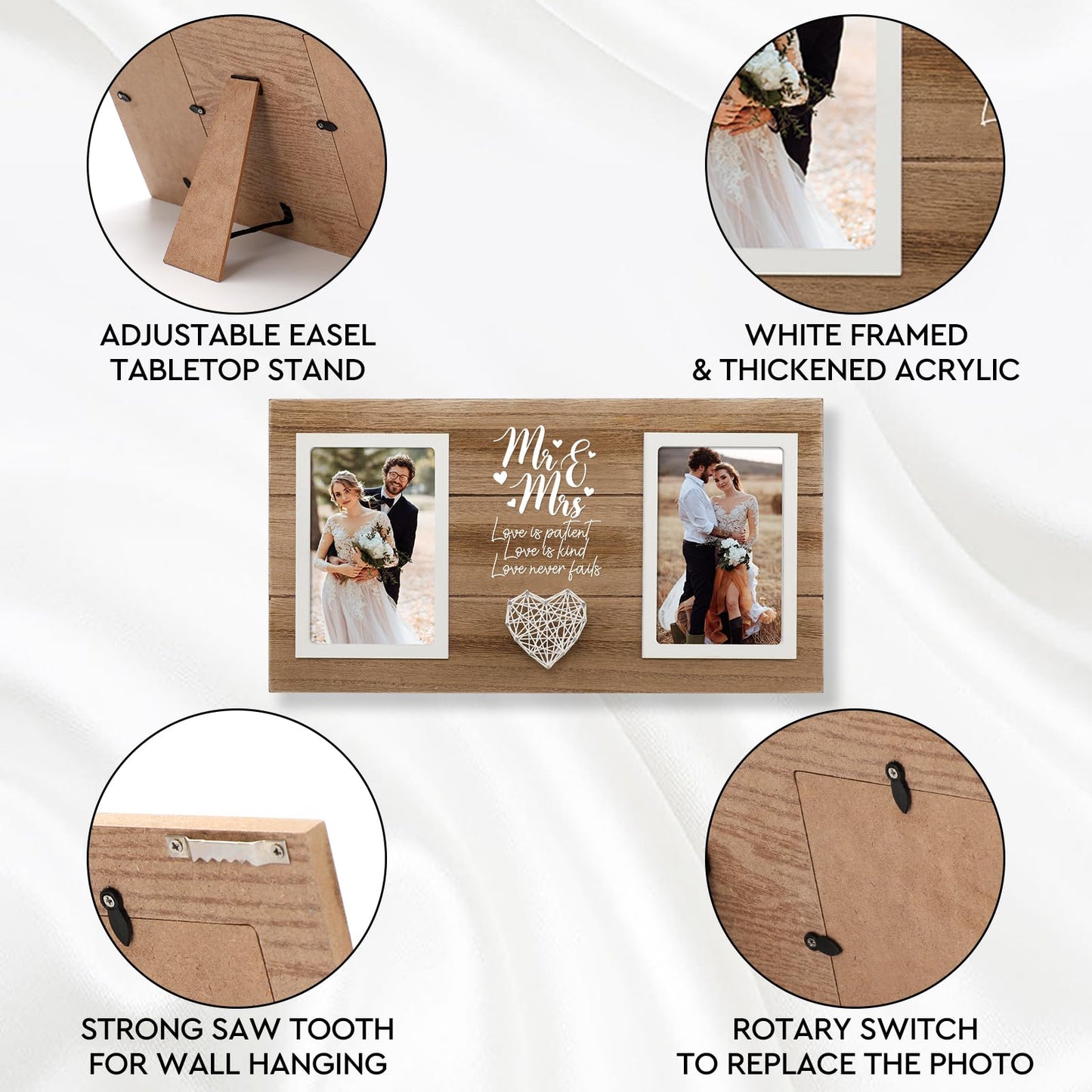Calibron Personalized Wedding Gifts for Couples, Bridal Shower Gift for Bride, Mr & Mrs Photo Frame Holds 2pcs 4x6 Pictures, Unique Wedding Gifts for Newlyweds