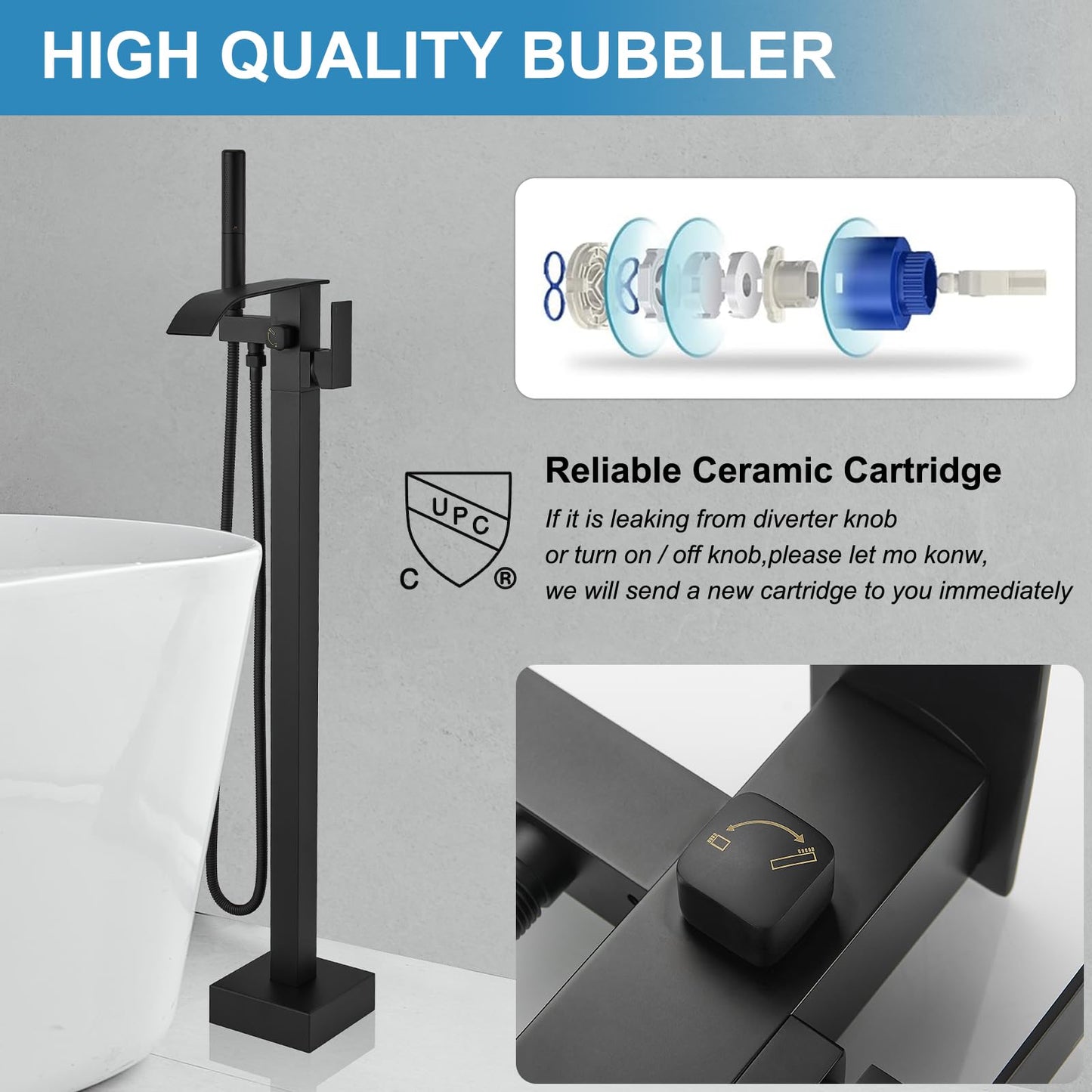 RUMOSE Tub Filler Freestanding Bathtub Faucet Matte Black Floor Mount Tub Faucet Waterfall Free Standing Bathtub Filler High Flow Brass Bath Shower Faucets with Handheld Sprayer