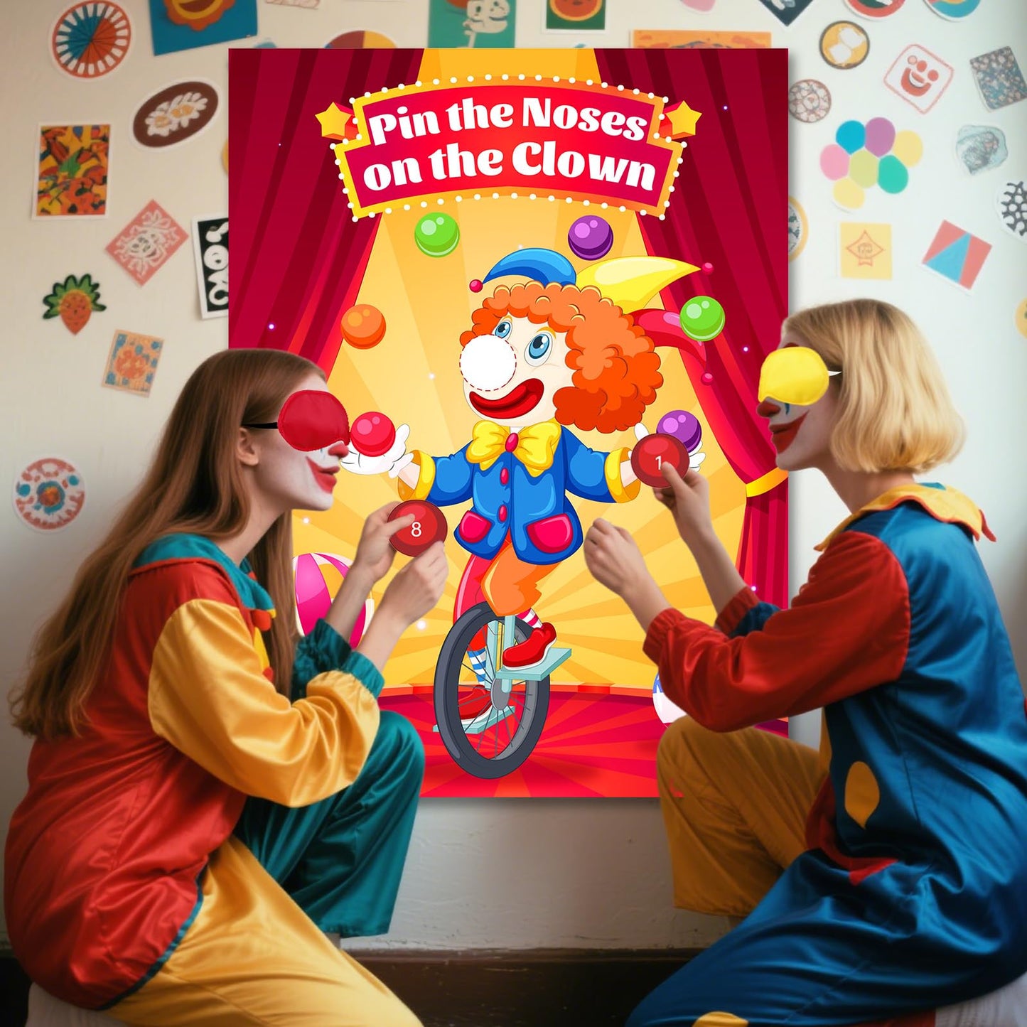 Circus Carnival Party Decorations - Pin The Noses on The Clown Birthday Games Yellow Clown Theme Poster with 24pcs Stickers and 1 Blindfold