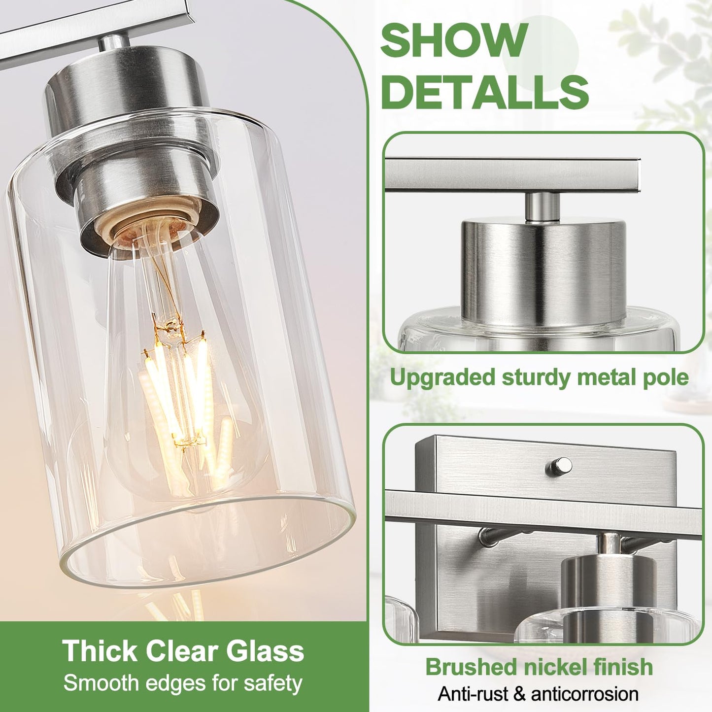 Meybiok 3-Light Bathroom Light Fixtures, Brushed Nickel Vanity Lights, Bathroom Lighting with Clear Glass Shade, Vanity Lighting fixtures for Mirror Kitchen Bedroom Hallway Living Room