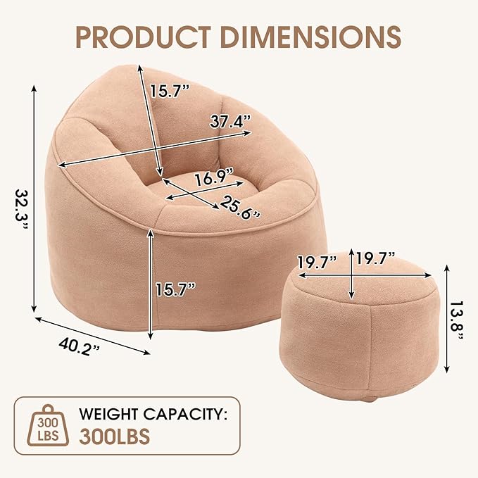 Sudwesto Bean Bag Chair for Adult, Microfiber Upholstered Bean Bag Sofa with Petal Back, Shell-Shaped Beanbag Chair with Footstool, Memory Foam Stuffed Lazy Sofa for Living Room, Bedroom (Tan)
