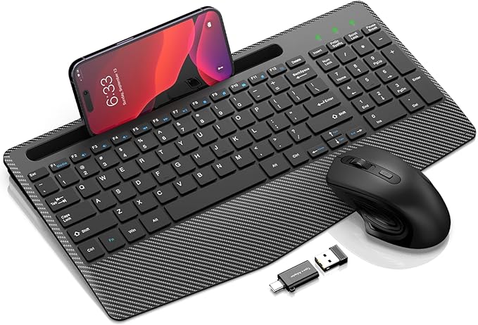 Wireless Keyboard and Mouse Combo, Ergonomic Keyboard with Wrist Rest, Phone Holder, Sleep Mode, 2.4G Lag-Free Rechargeabl...