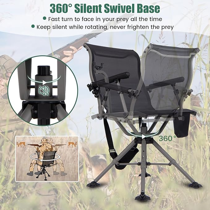 GYMAX Hunting Chair with Gun Rest, 360° Swivel Hunting Blind Chair w/Adjustable Height & Armrest, All-Terrain Duck Feet, Shoulder Strap, 330 LBS Folding Outdoor Ground Blind Seat