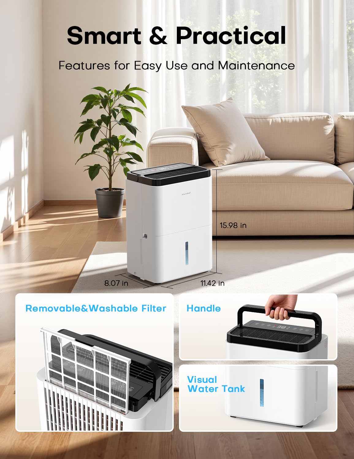 Dehumidifiers for Home Max 35 Pints, Compressor Dehumidifier with Drain Hose, Auto Mode, Dry Clothes, Two Fan Speeds, 24H Timer, Smart Humidity Control, for Bedroom, Basement, Bathroom, Home