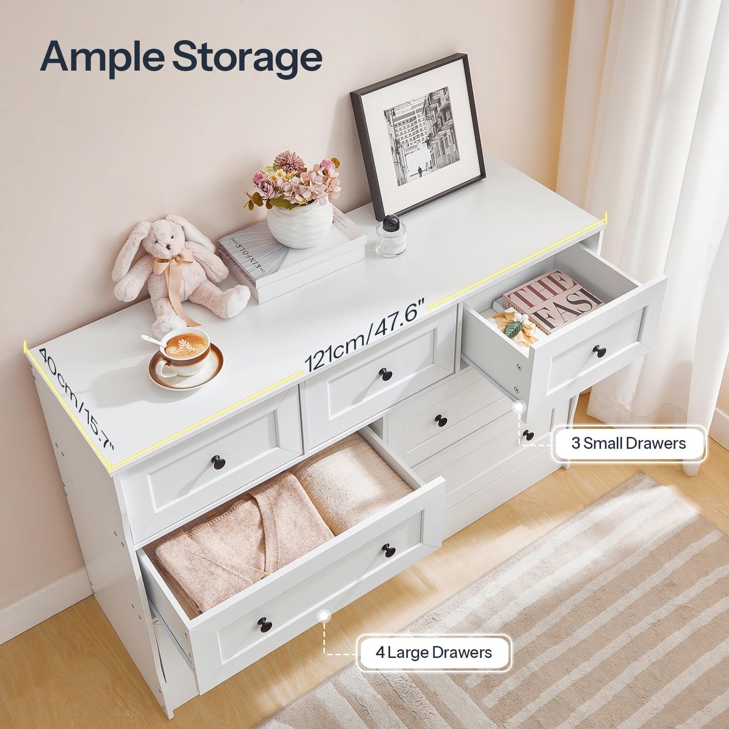 HOOBRO White Dresser for Bedroom, Farmhouse 7 Drawers Dresser, Chest of Drawers with Storage, Minimalist Style, Dressers Organizer for Bedroom, Living Room, Hallway, Entryway, White