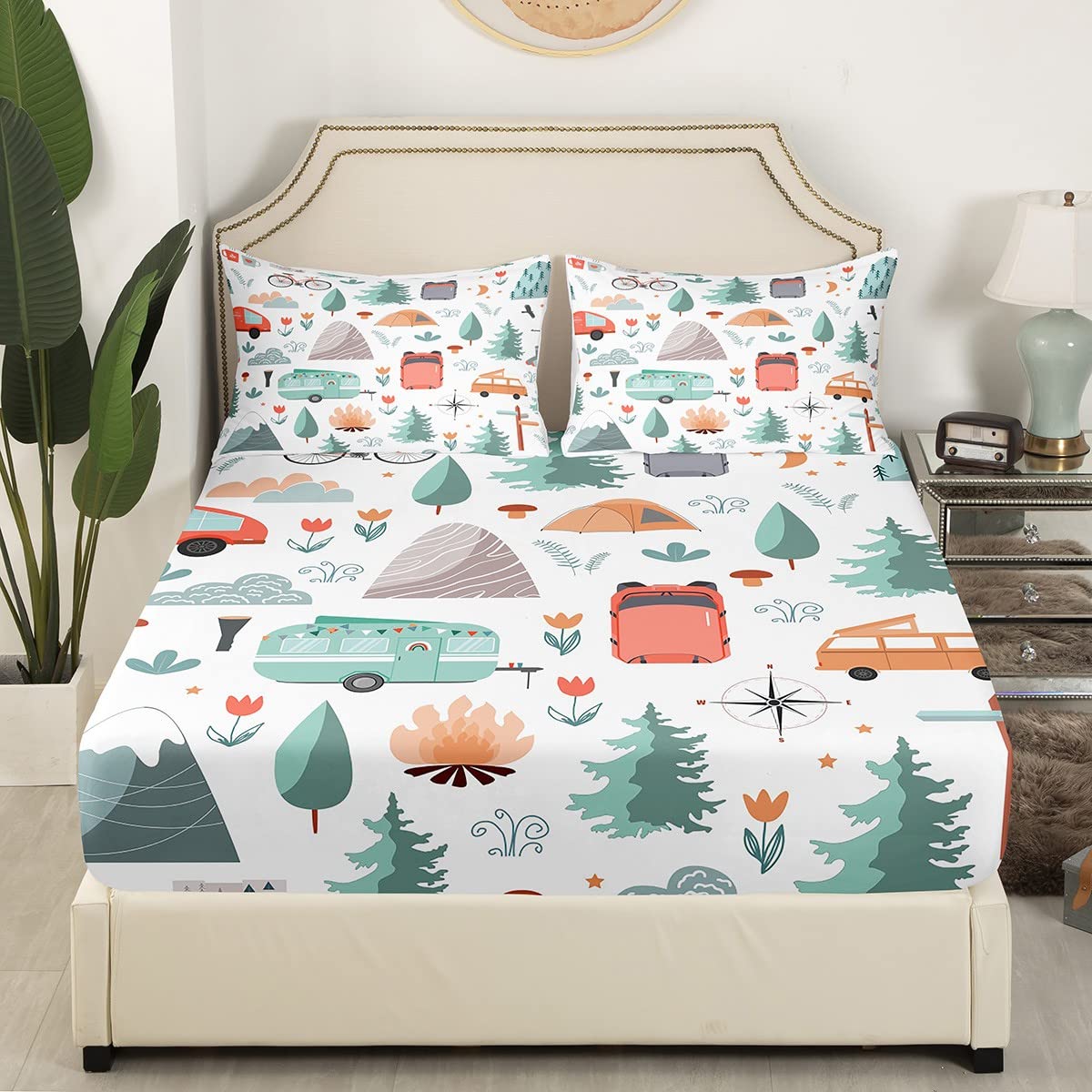 Kids Camper Theme Bed Sheets Set Full 4Pcs, Happy Camping Bedding Set, Travel Car Rv Accessories Sheets, Botanical Flowers Mountain Adventure Top Sheet, Cute Camper Flat Fitted Sheet Bedroom Decor