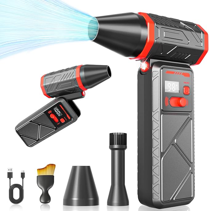 Compressed Air Duster, 150000RPM Electric Air Duster with Stepless Speed, 90° Adjustable Nozzle, Digital Display & LED Light, Cordless Rechargeable Air Blower for Keyboard, Computer, Car, Home,Outdoor