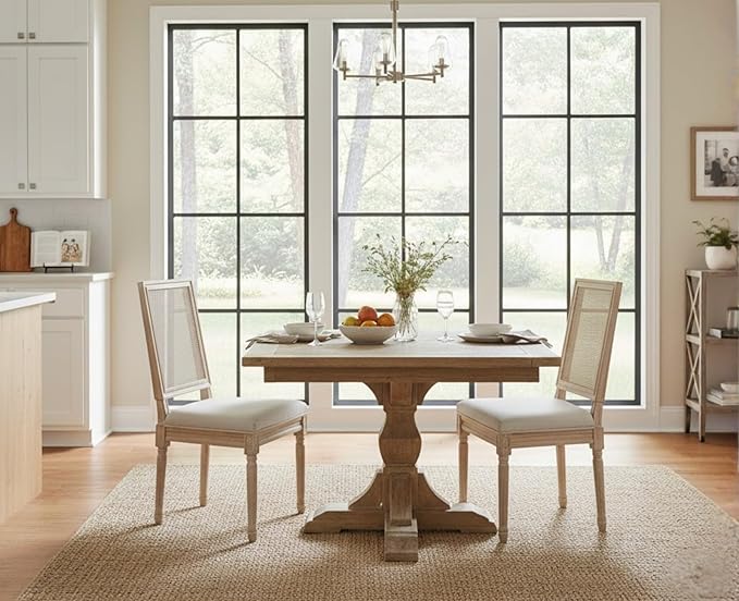 CIMOTA Farmhouse Dining Chairs Set of 8, French Rattan Dining Room Chairs with Rectangle Back/Distressed Wood Upholstered Vintage Side Chairs for Kitchen/Restaurant, Linen Beige/8PCS