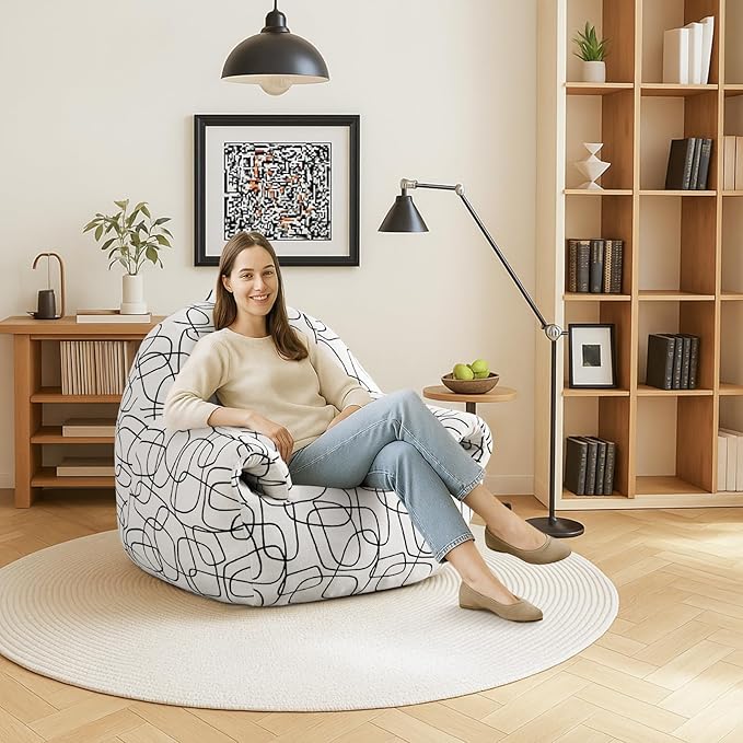 Peace nest Bean Bag Chair with Memory Foam Filled Ultra Soft Jacquard Pattern Cover for Adults Comfy Fur Bean Bag Chairs with Armrests for Bedroom Living Room Office Dorm Reading Lines