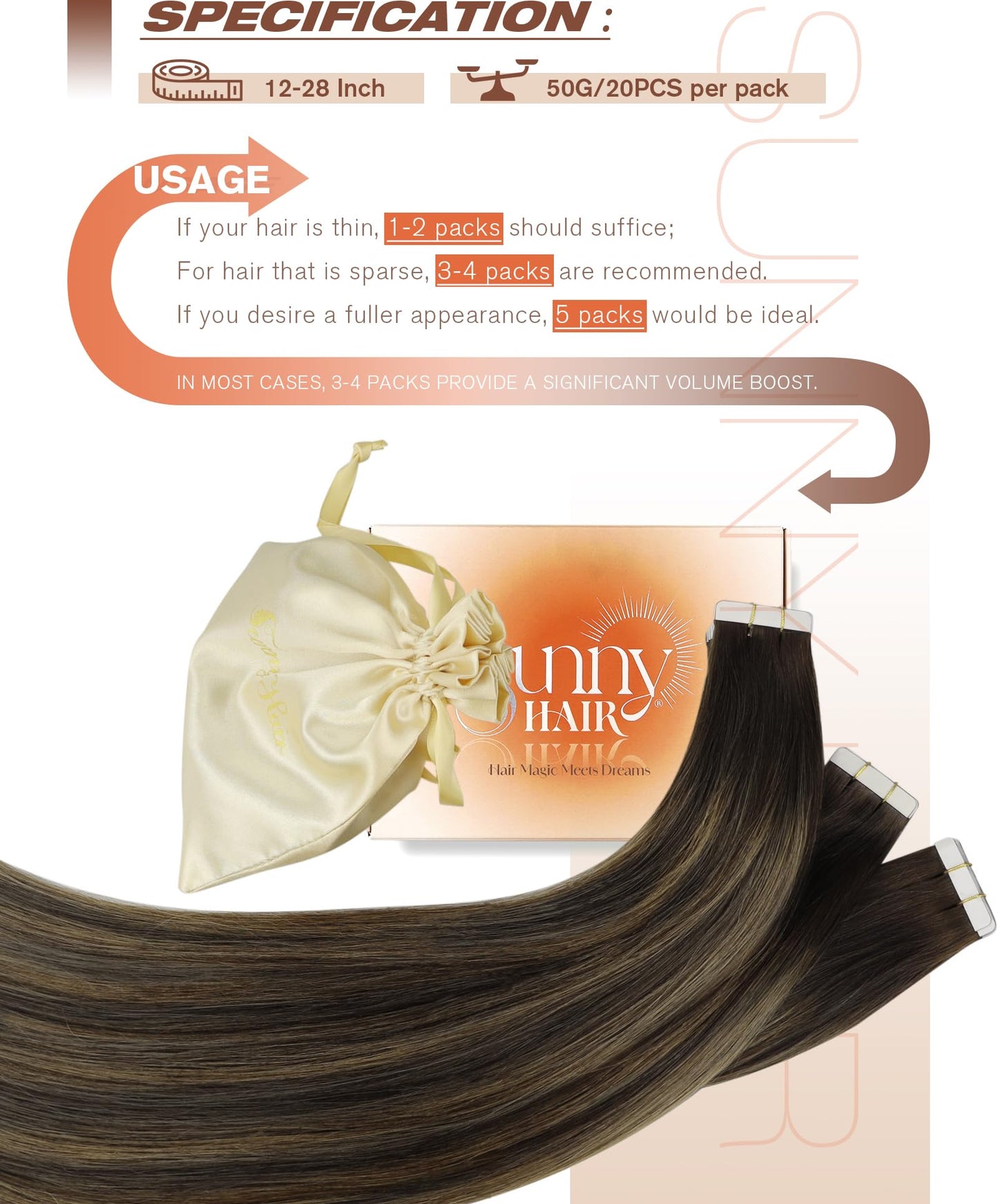 Sunny Hair Tape in Hair Extensions Real Human Hair Invisible Remy Hair Extensions Tape ins for Women Darkest Brown Ombre Medium