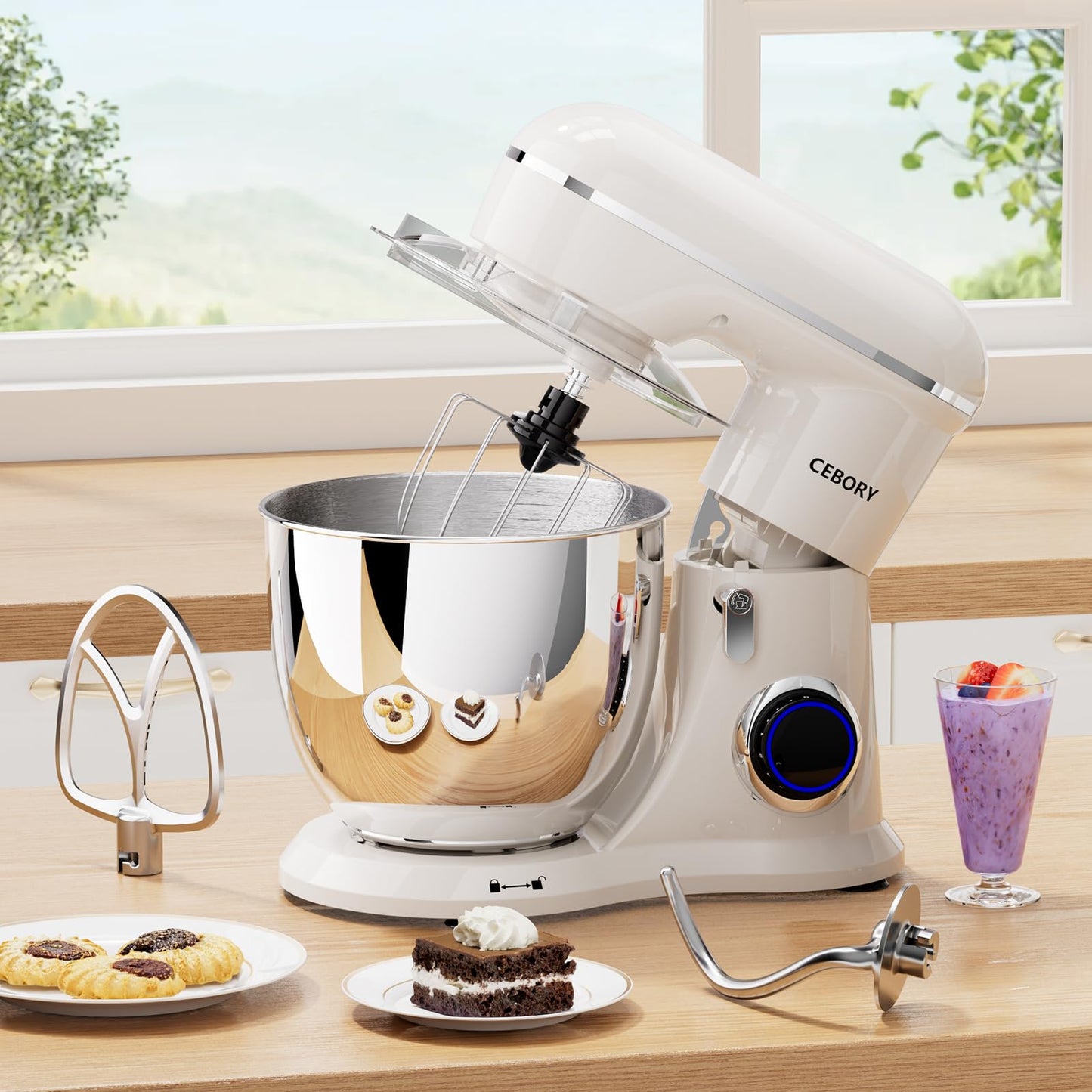 CEBORY 3-IN-1 Electric Stand Mixer, 6.5QT Bowl 660W 10-Speed Kitchen Mixer, Household Food Mixers include Dough Hook, Beater and Whisk, Bread Cake Mixer for Baking and Most Home Cooks, Almond Cream