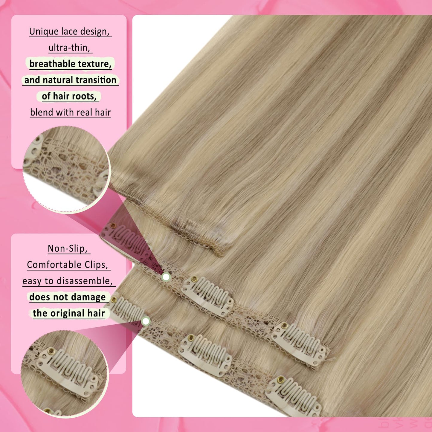 YoungSee Clip in Human Hair Extension Highlight Clip in Extensions with Lace Light Blonde Mixed Golden Blonde Highlight 7Pcs 20I