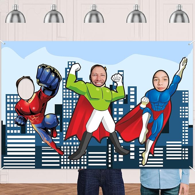 Superhero Photo Banner Backdrop Background Large Hero Face Photo Booth Props Fun Party Superhero Theme Decor for Birthday ...