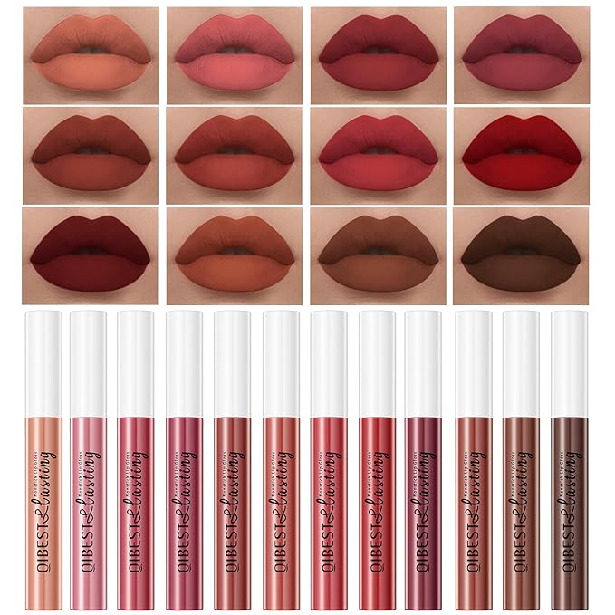 12Pcs Nude Matte Liquid Lipstick Set, Waterproof Long Lasting Non-Stick Cup Nude Brown Dark Red Lipstick 24 Hour Not Fade Matte Lipstick Professional Lip Gloss Makeup Christmas Gifts for Women (Set C)