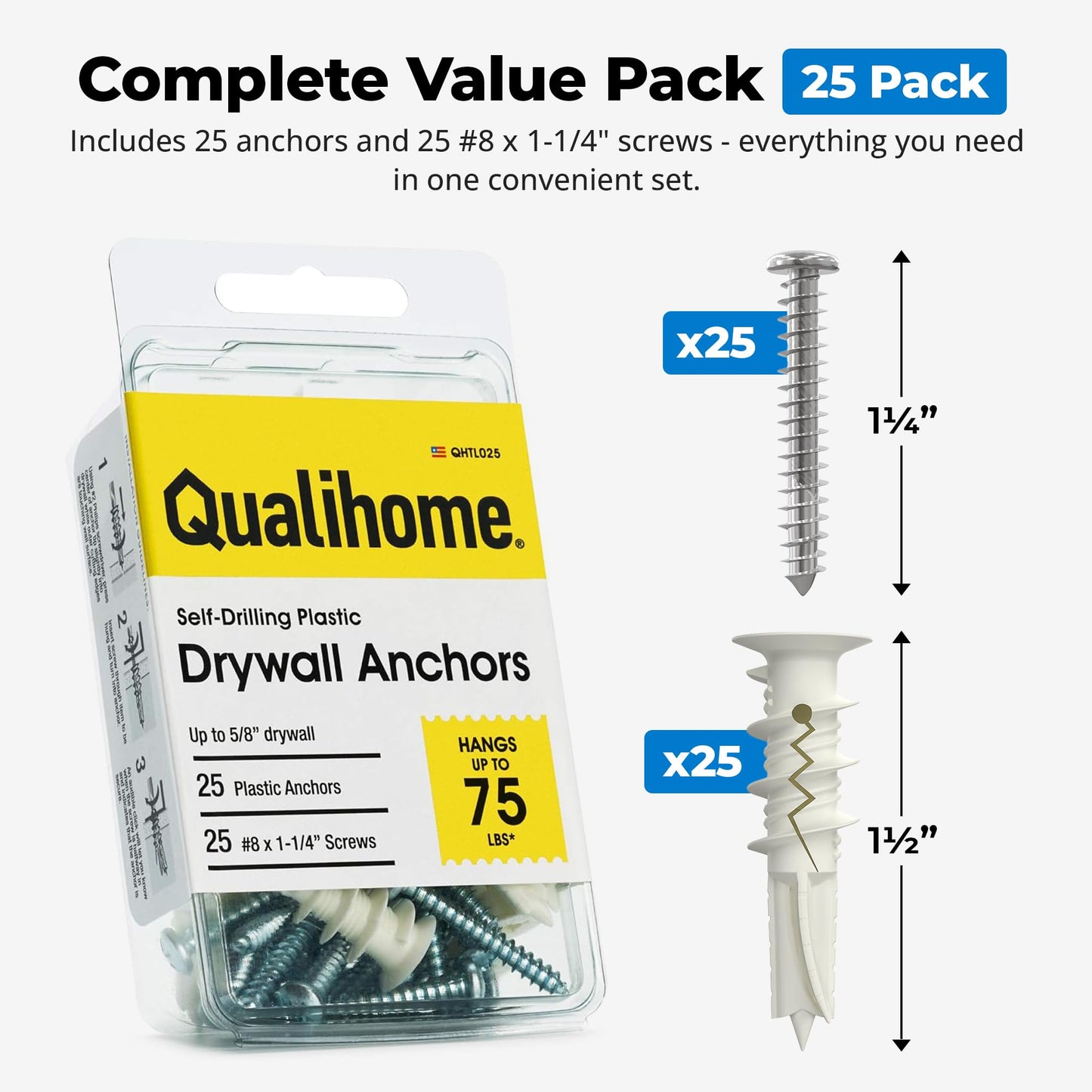 #8 Self Drilling Drywall Plastic Anchors with Screws - No Pre Drill Hole Preparation Required - 75 Lbs (25 Pack)