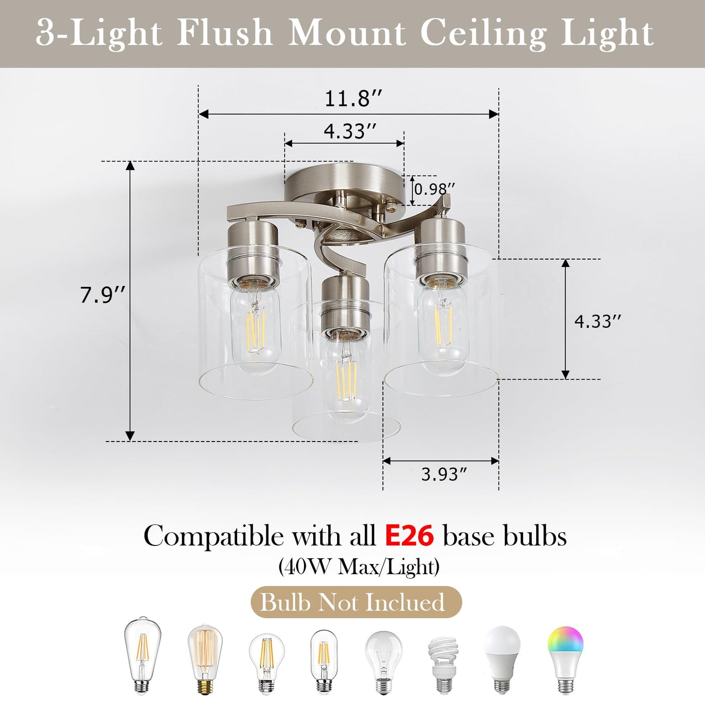 Doltoro Brushed Nickel Ceiling Light Fixtures, 3-Light Kitchen Light Fixture, Modern Flush Mount Ceiling Light Mount with Clear Glass Shade for Foyer Stairs Hallway Entryway Bedroom