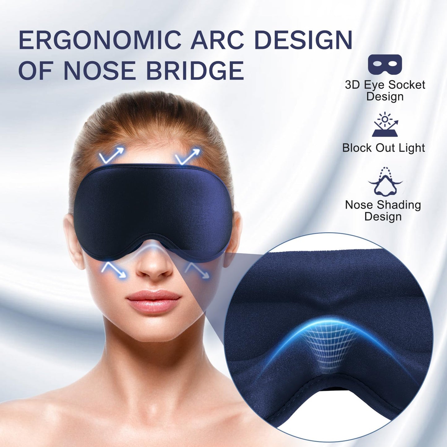 99% Fully Block Out Light Eye Sleep Mask, 3D Deep Contoured Eyes Cover Zero Pressure, Long Lash Extension Eyes Mask with Adjustable Straps for Sleeping Travel Home Nap Rest Women Men (Dark Blue)