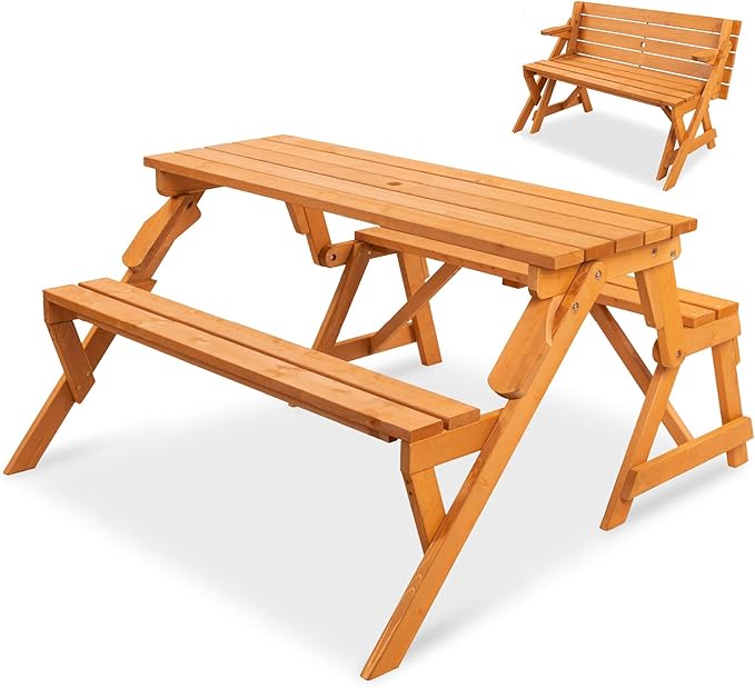 Best Choice Products 2-in-1 Transforming Interchangeable Outdoor Wooden Picnic Table Garden Bench for Backyard, Porch, Pat...