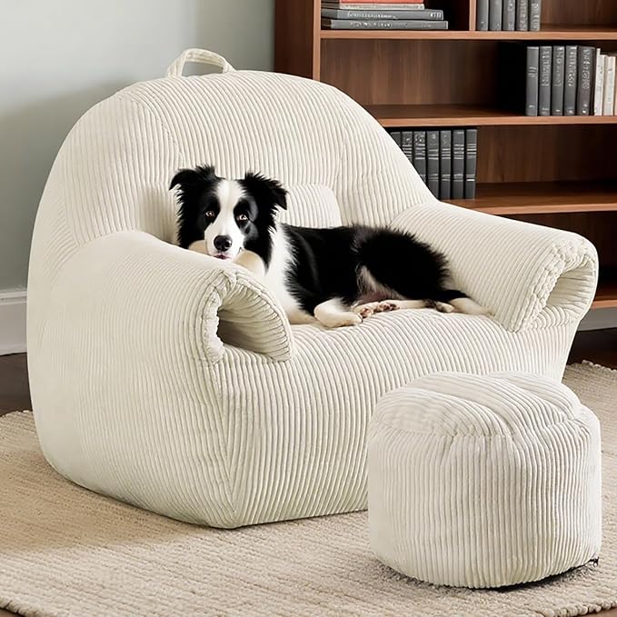 Peace nest Bean Bag Chair with Memory Foam Filled Ultra Soft Corduroy Cover for Adults Comfy Fur Bean Bag Chairs with Armrests Ottoman for Bedroom Living Room Office Dorm Reading Beige